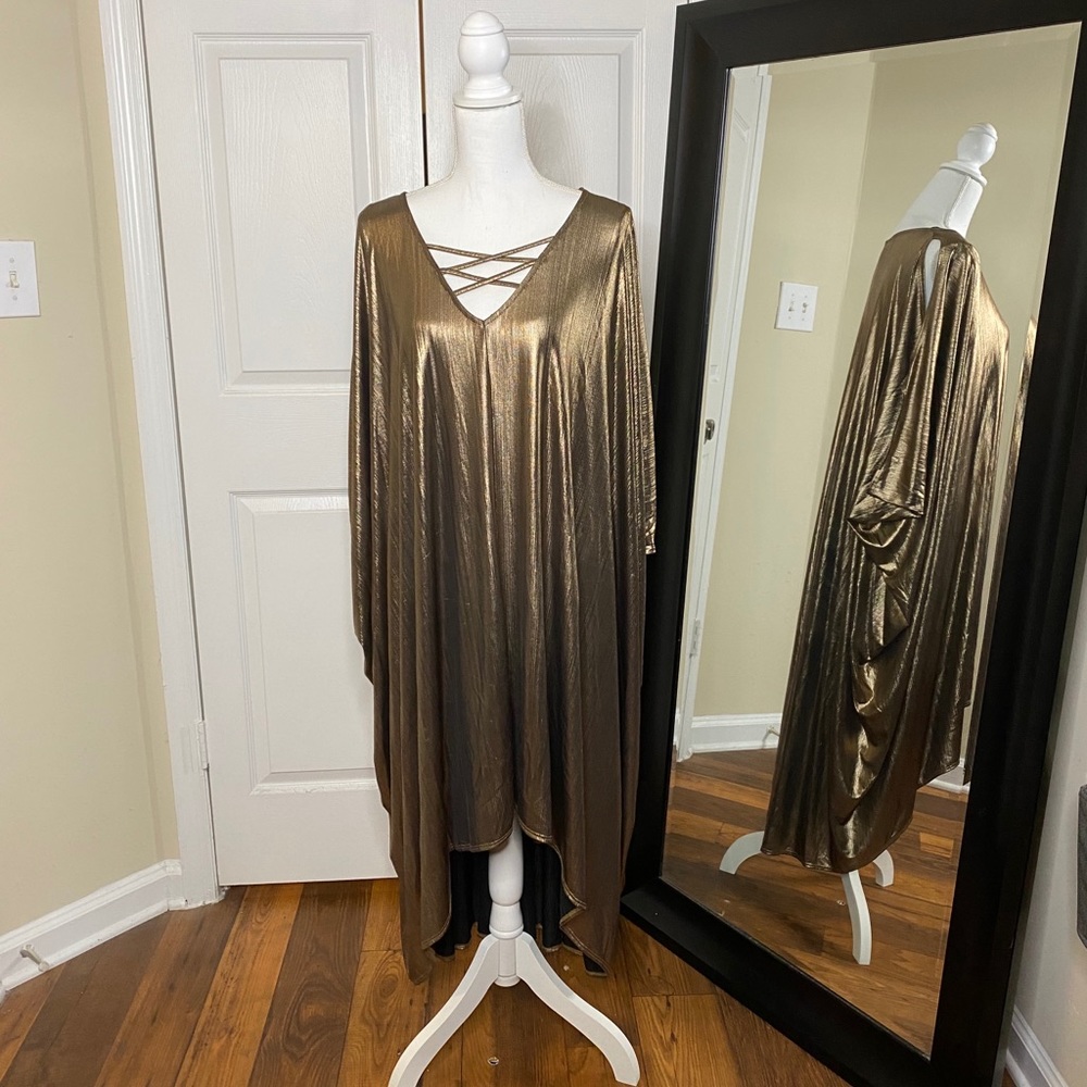 Gold High Low Cold Shoulder Trapeze Dress